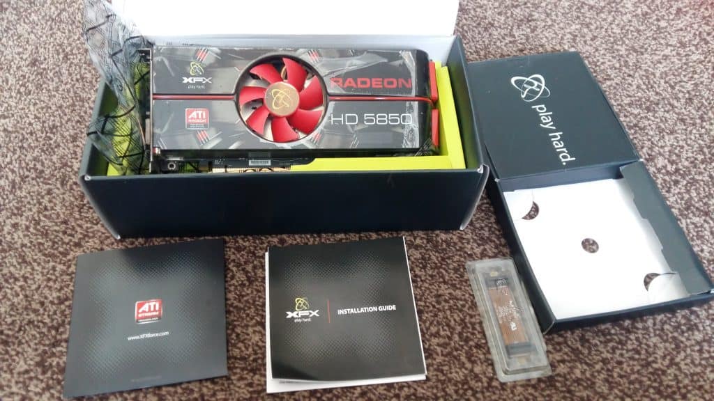 An old ATI Radeon HD 5850 graphics card GPU in the retail box