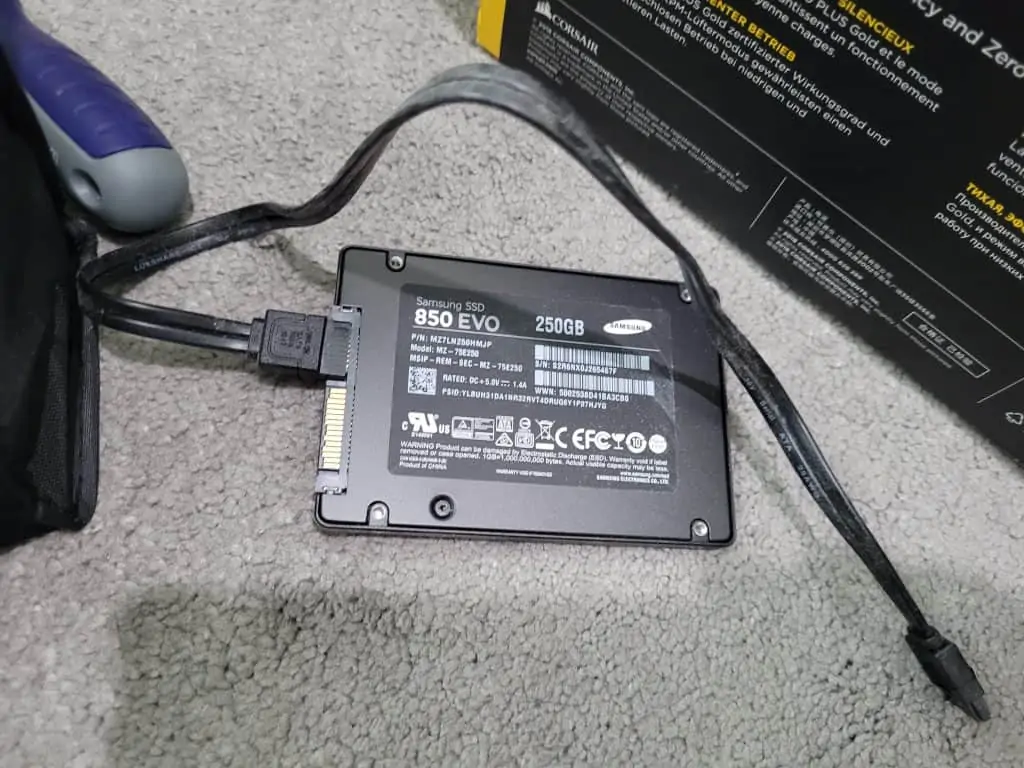 An older SATA6 SSD with SATA cable attached
