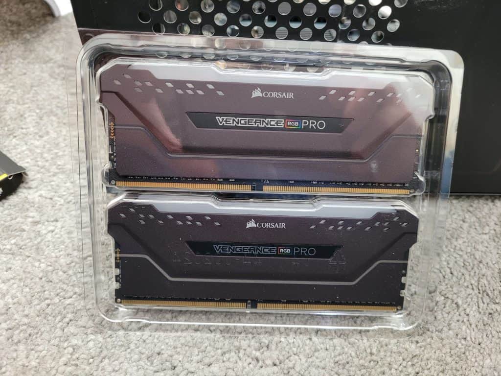Two 32GB sticks of Corsair DDR4 RAM with RGB lighting