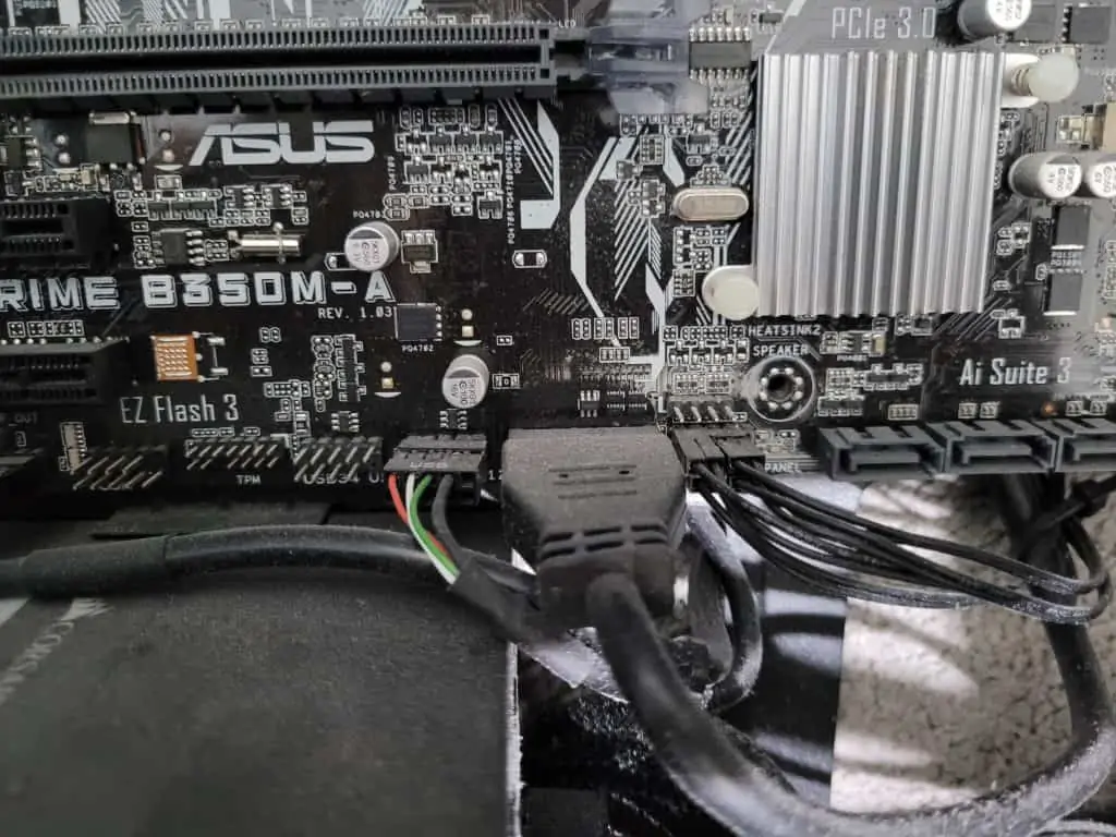 Various USB fan and front panel header connectors in my old Asus B350M motherboard