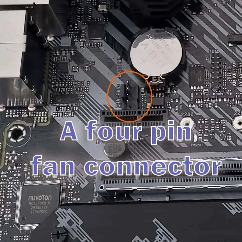 A four pin fan connector on a modern motherboard