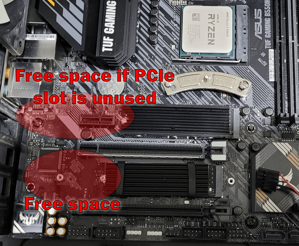 Annotated motherboard showing where longer M.2 SSDs could potentially be installed
