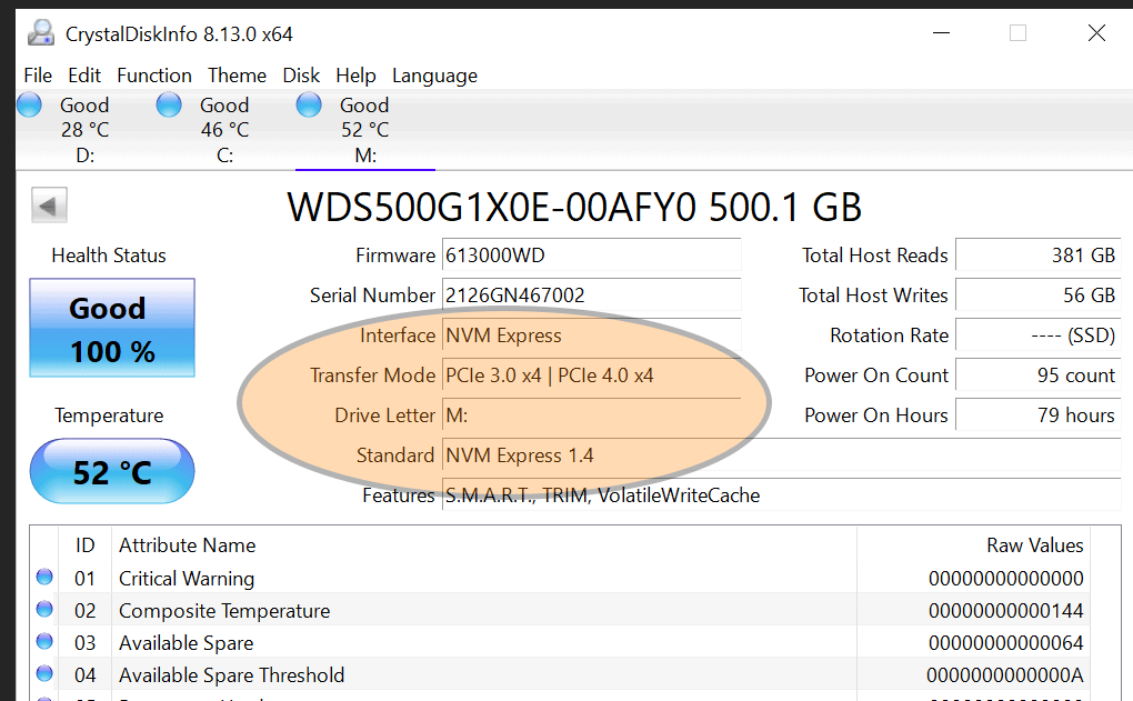 CrystalDiskInfo showing an NVMe SSD installed in the PCIe 3 slot