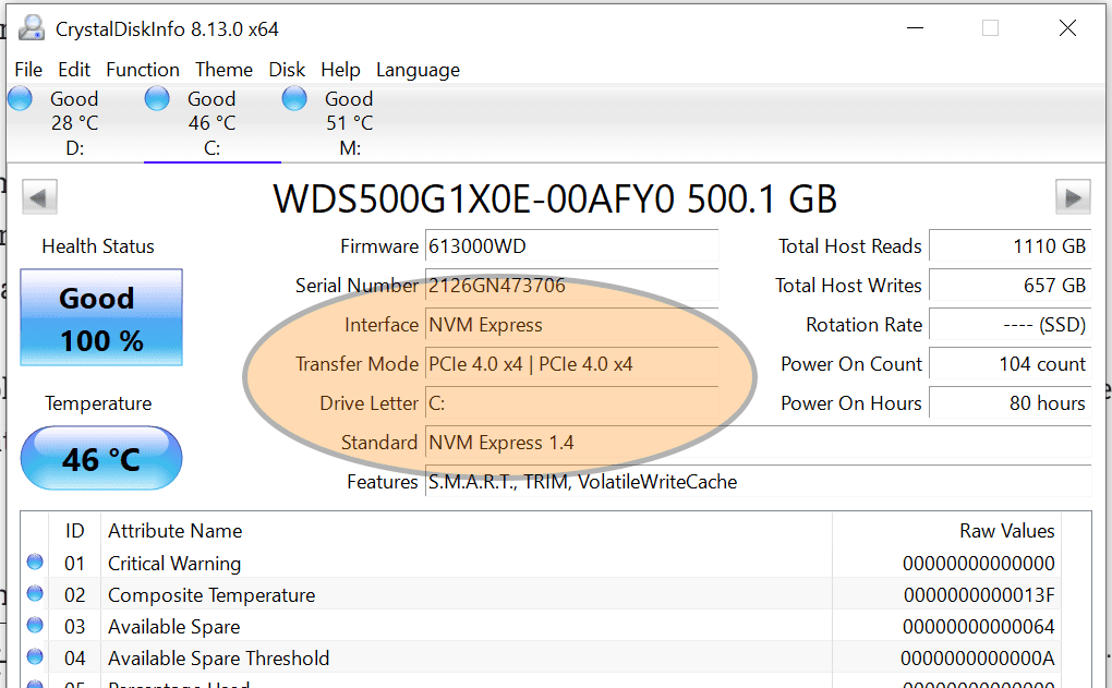 Pcie 4 yuvasına yüklü bir nvme ssd gösteren crystaldiskinfo