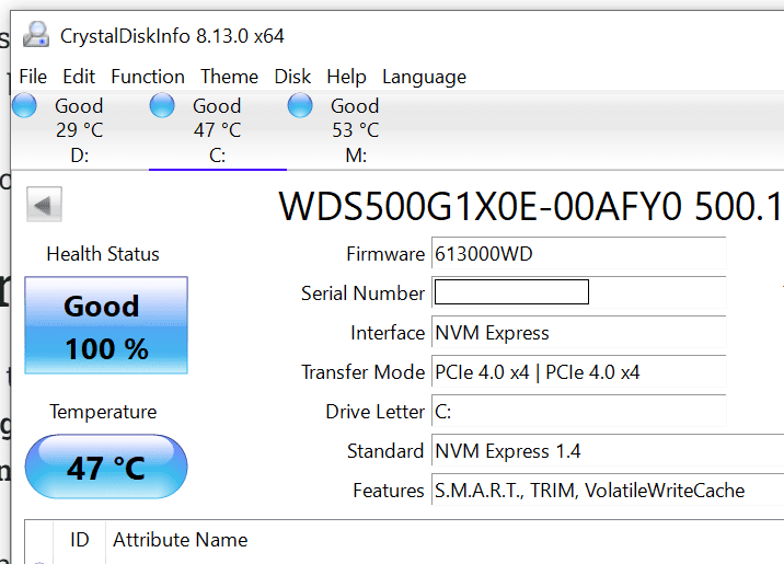 A PCIE M.2 drive running at a good temperature below 50 degrees celcius