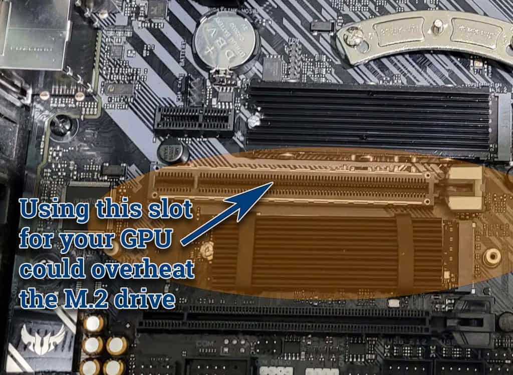 Using the highlighted PCIE slot for the GPU could overheat the M.2 slot below it