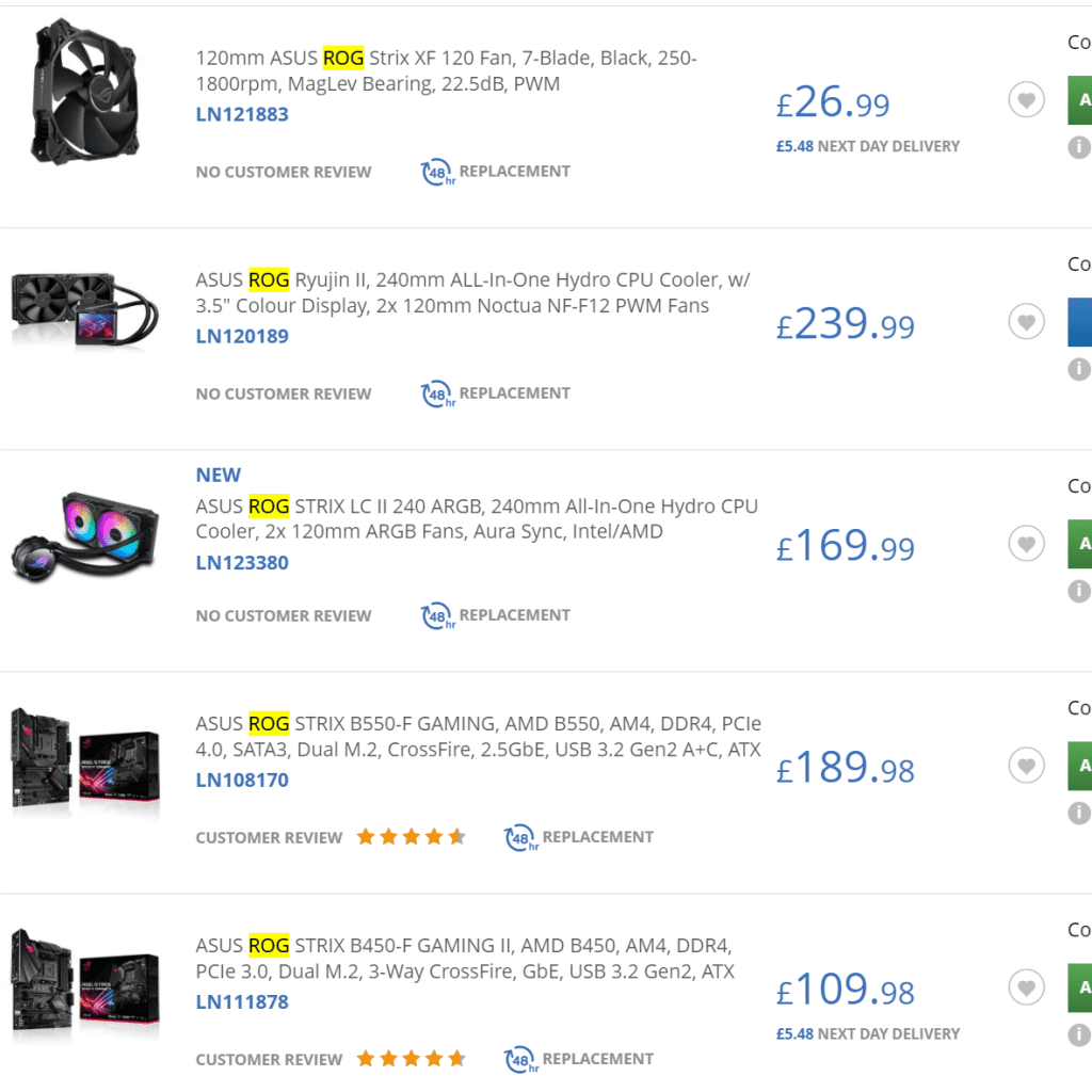 Various ASUS ROG products listed on Scan.co .uk