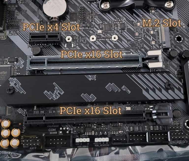 The various types of PCIe and M.2 slots on a modern Asus motherboard