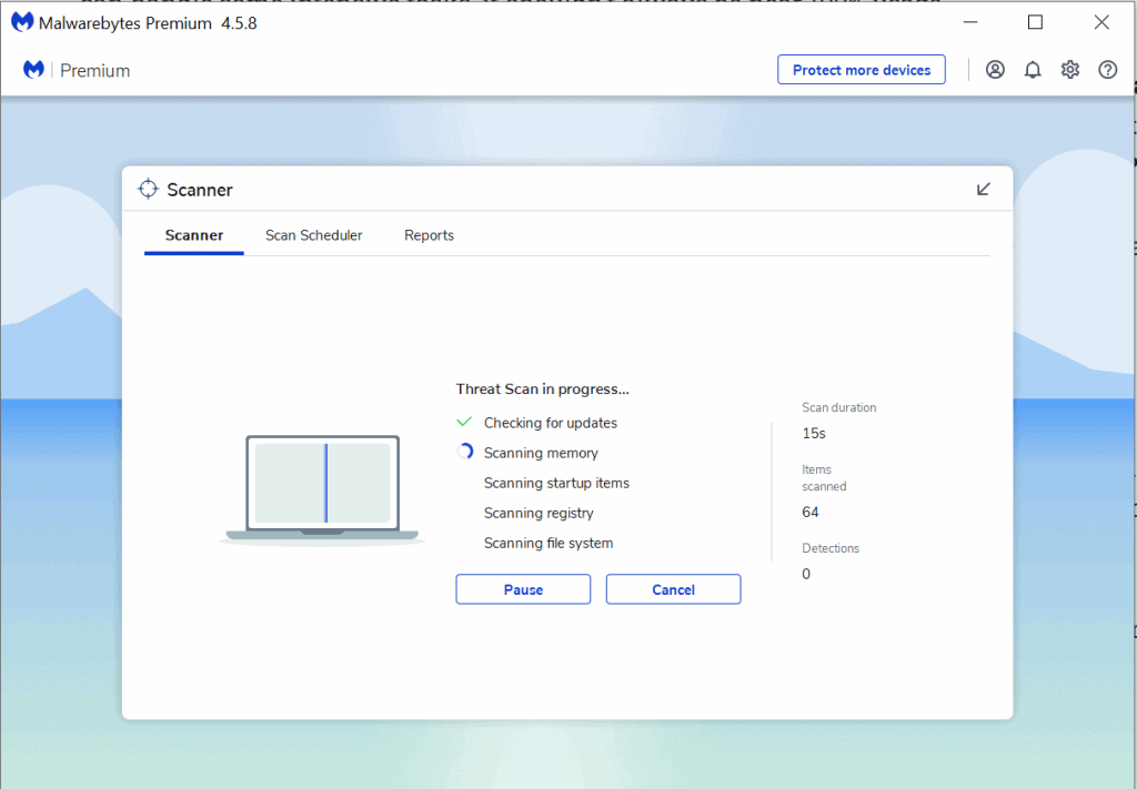 A MalwareBytes Premium scan for malware and viruses