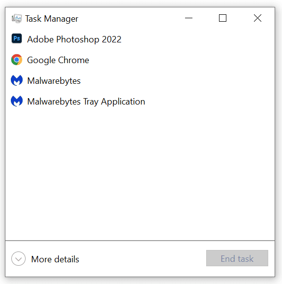 A basic Windows Task Manager without extra details being shown