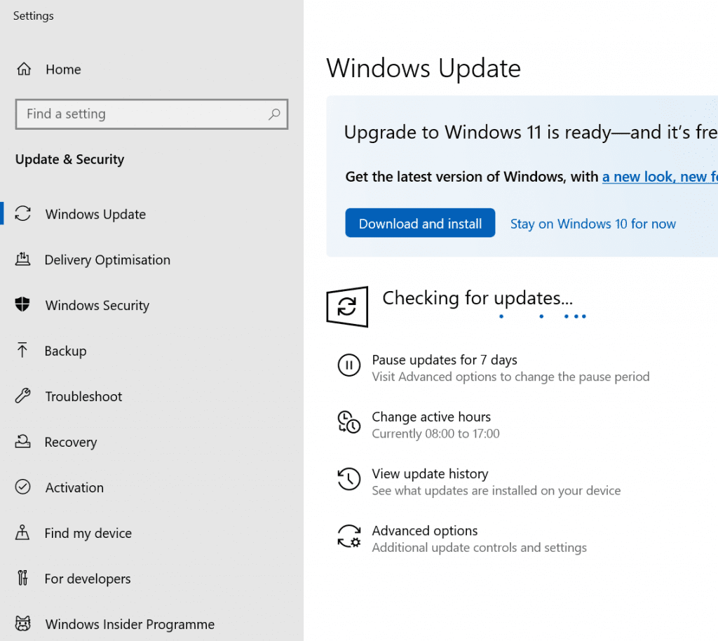 Checking for the latest updates in the Windows Update centre