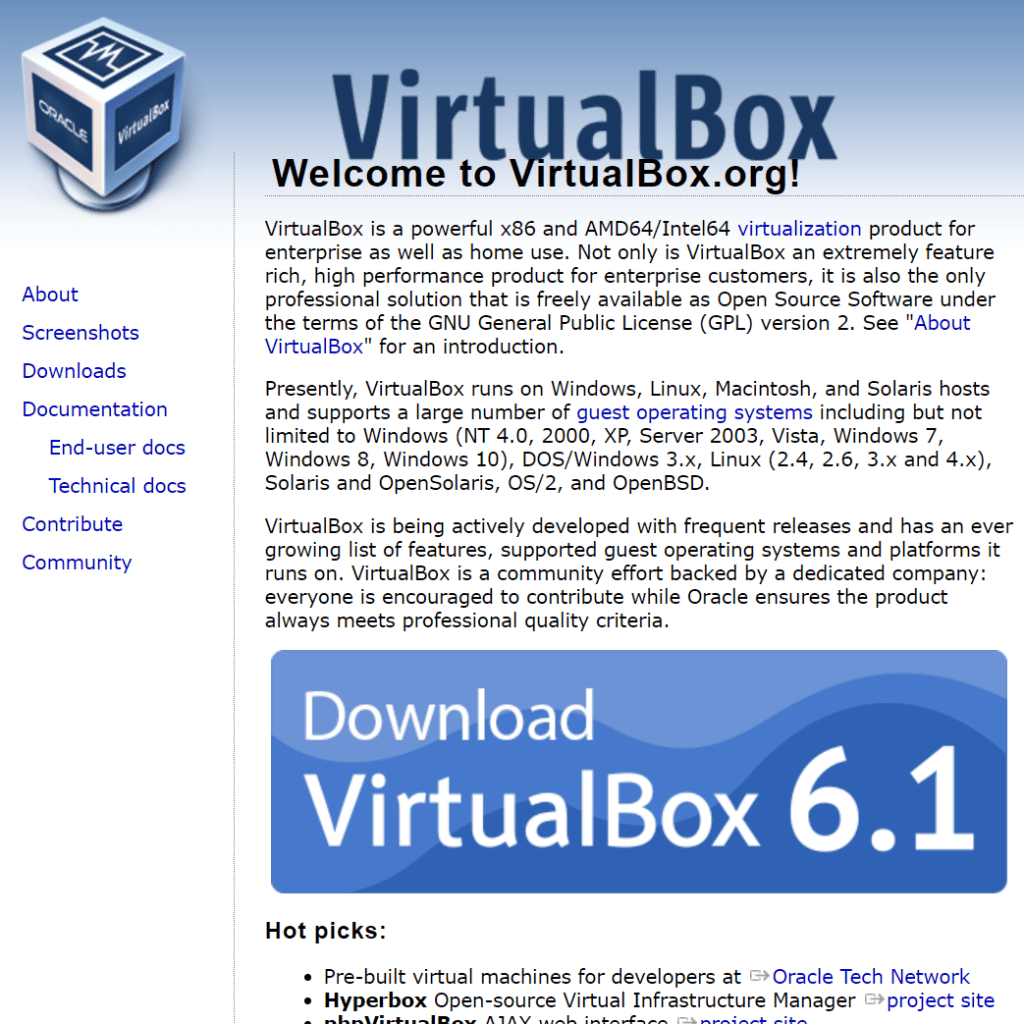 Screenshot of the VirtualBox webpage a popular method for running VMs