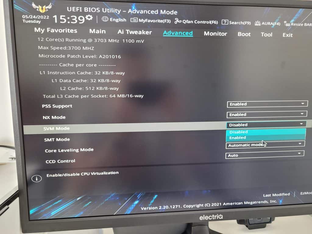 The SVM Mode CPU Virtualization option within an Asus motherboard on the AMD platform
