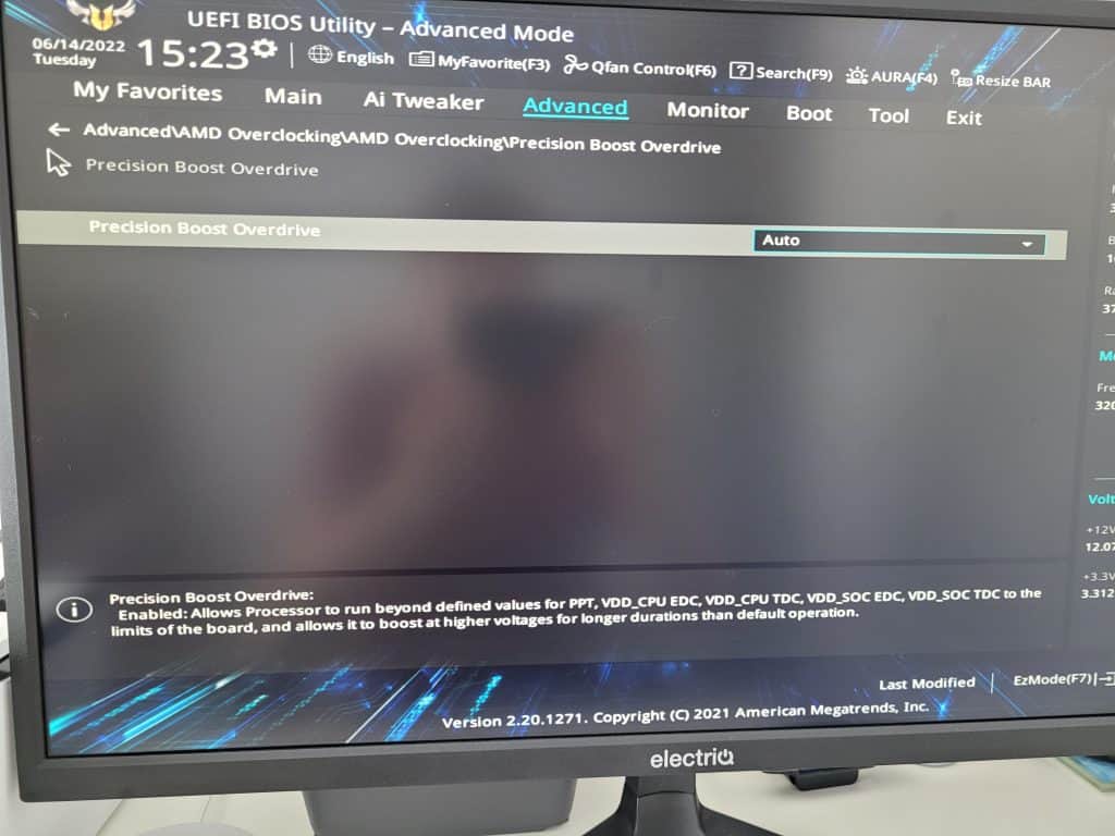 The option for disabling Precision Boost Overide in the Asus B550M Plus BIOS