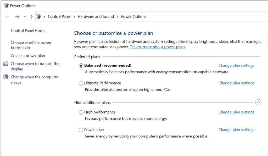 Windows Power Options including balanced high performance power save and ultimate