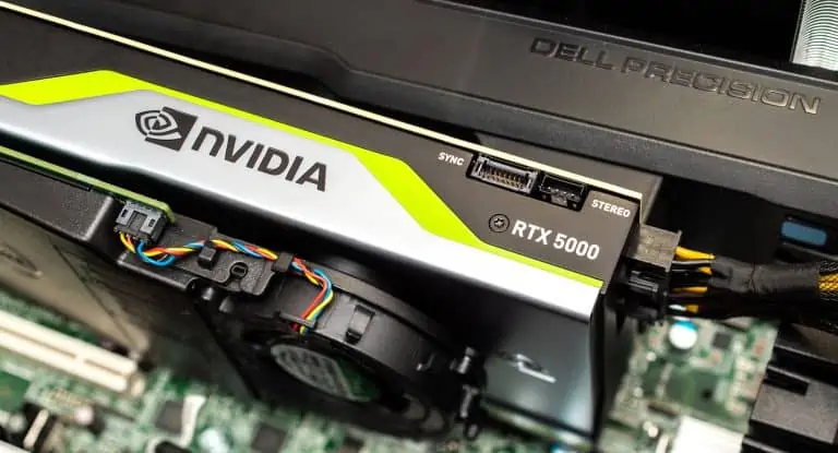 An Nvidia branded RTX 5000 graphics card installed in a Dell machine