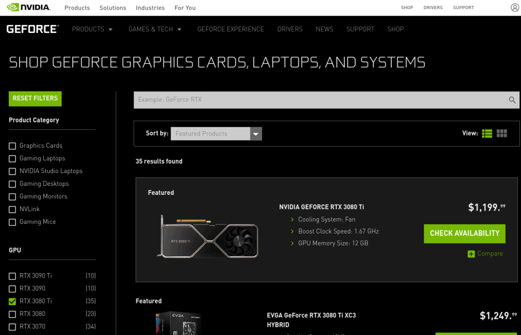 The Nvidia store which lists Founders Edition and third party graphics cards