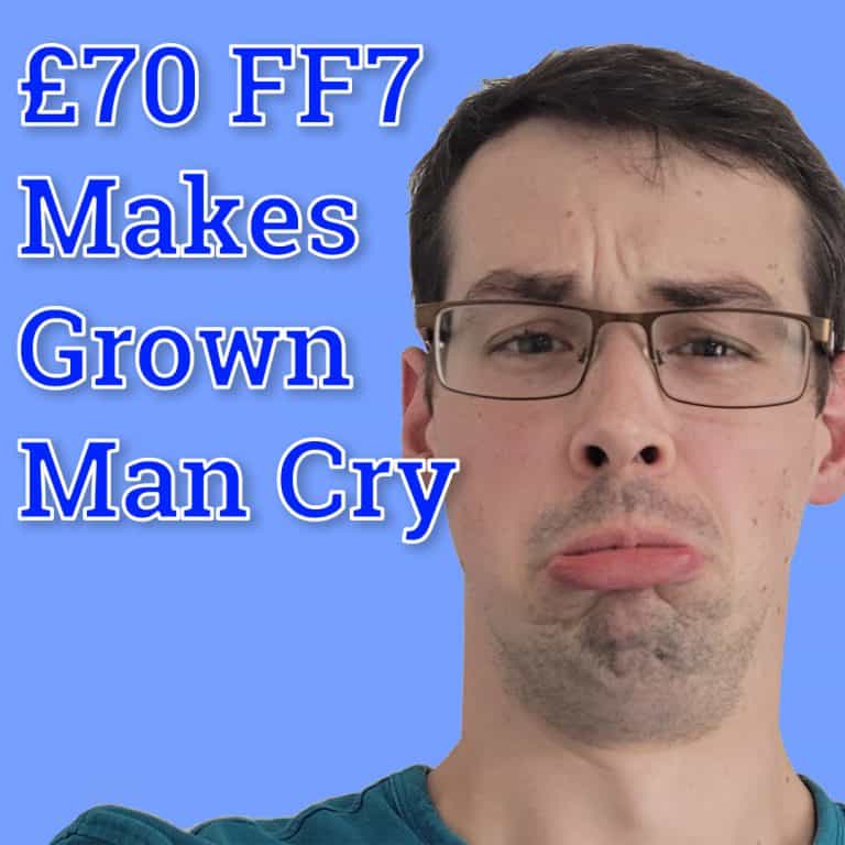 YT thumbnail me looking sad with the text 70 pound FF7 makes grown man cry