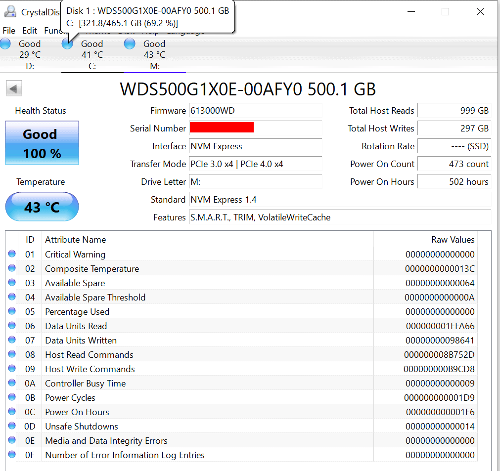 CrystalDiskInfo showing multiple drives and different storage spaces on each