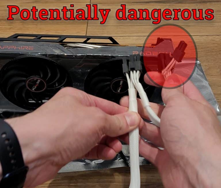 Me showing a pigtailed PCIe power cable with the text Potentially Dangerous