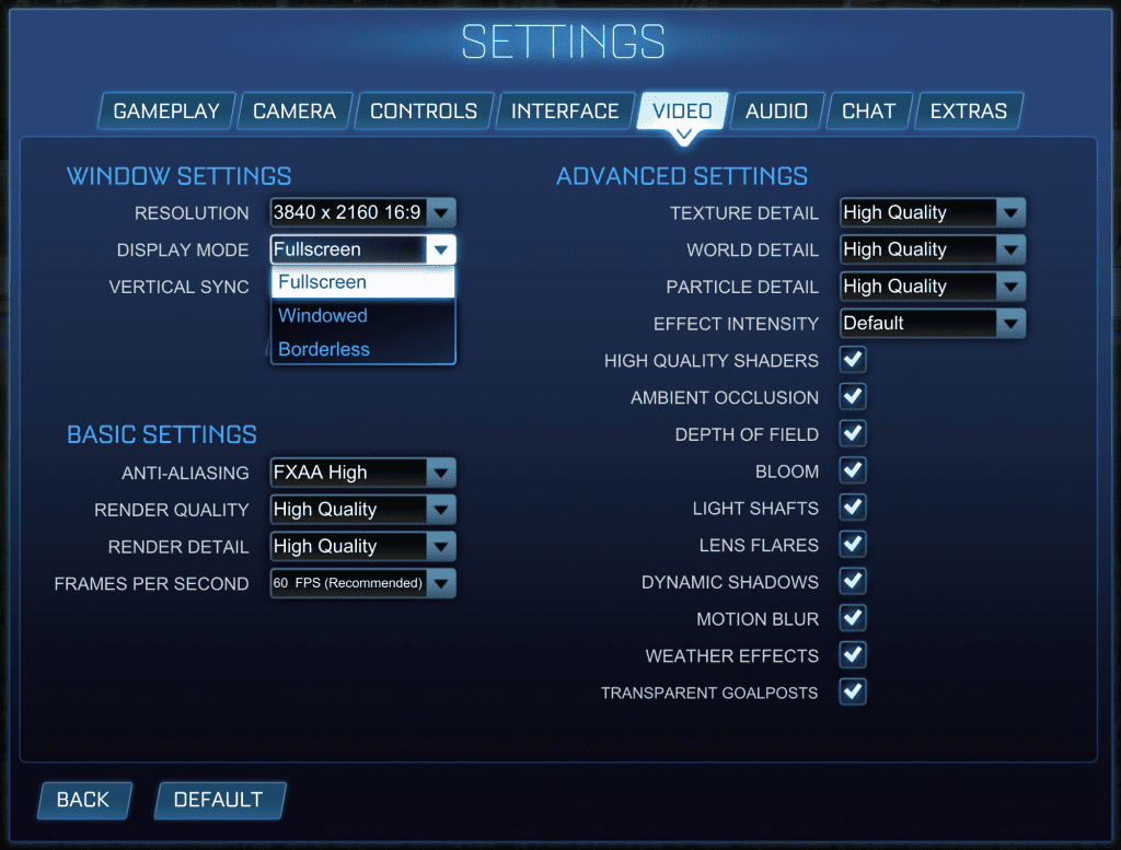 The display mode drop down in Rocket League