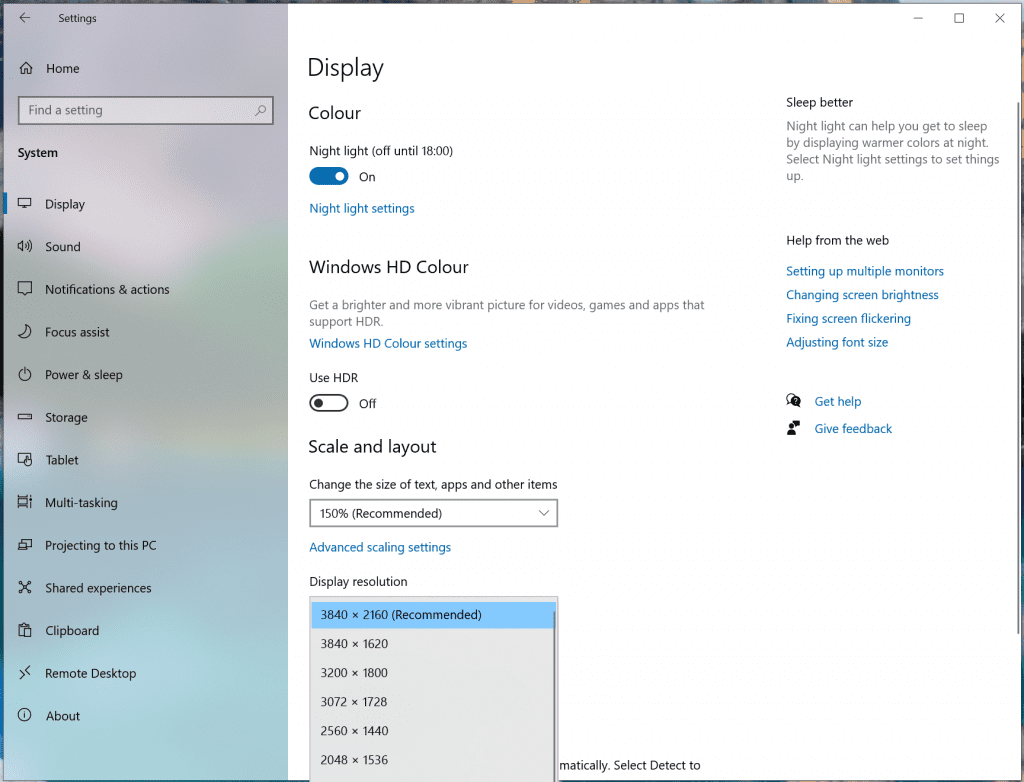 The display settings and resolution menu on Windows