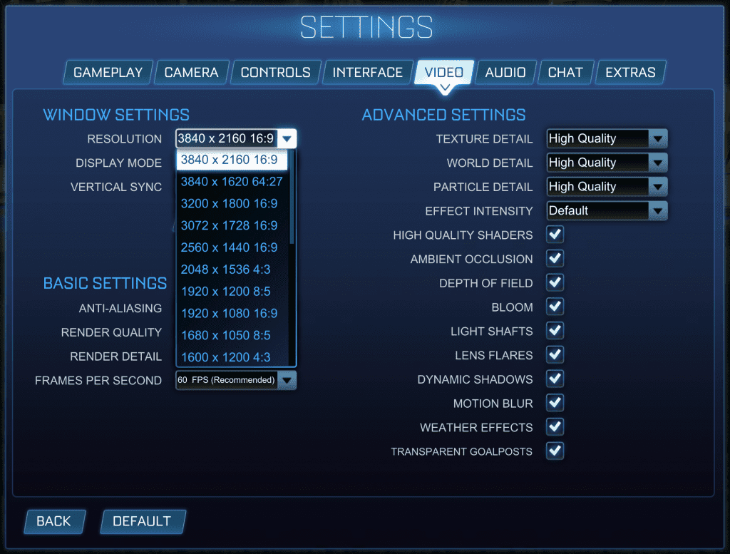 The resolution drop down in Rocket League