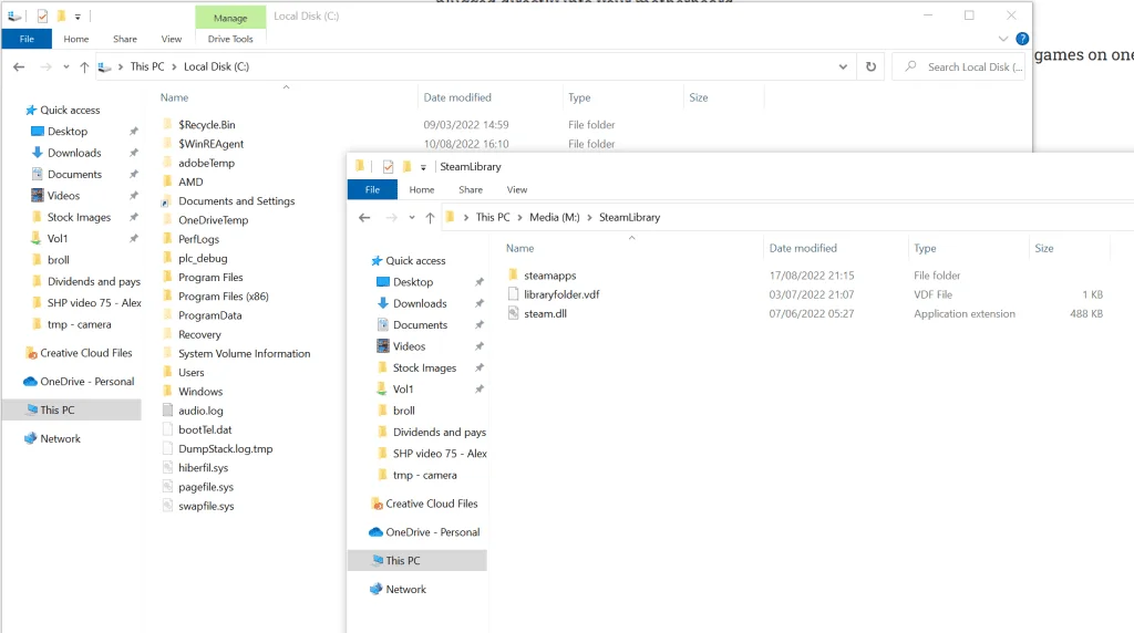 Two file explorers on Windows showing the M drive having games separate to the C drive
