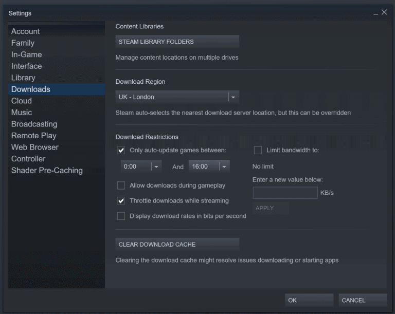 Some of the Steam client options for auto updating games