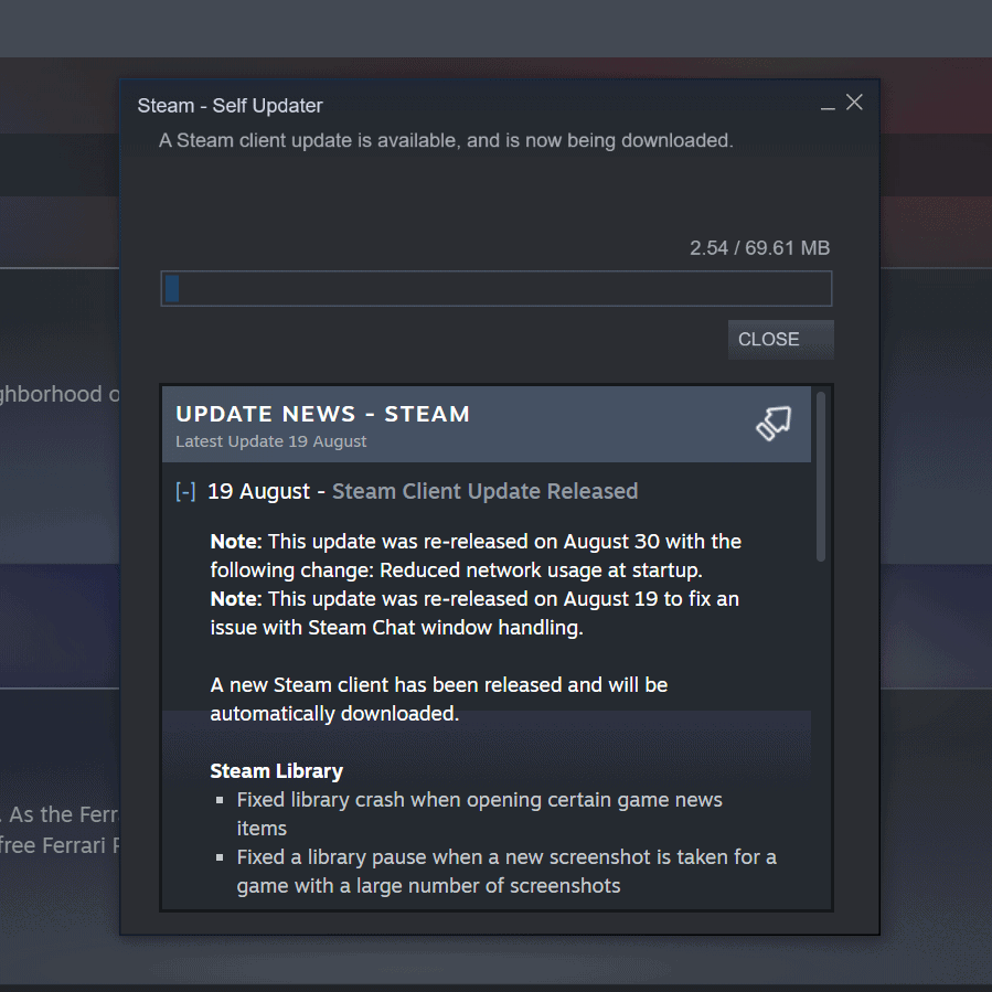 The Steam client saying that an update is available and being downloaded