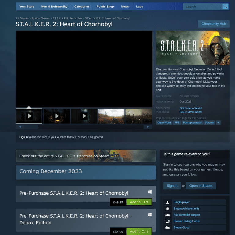 The Steam pre order page for Stalker 2
