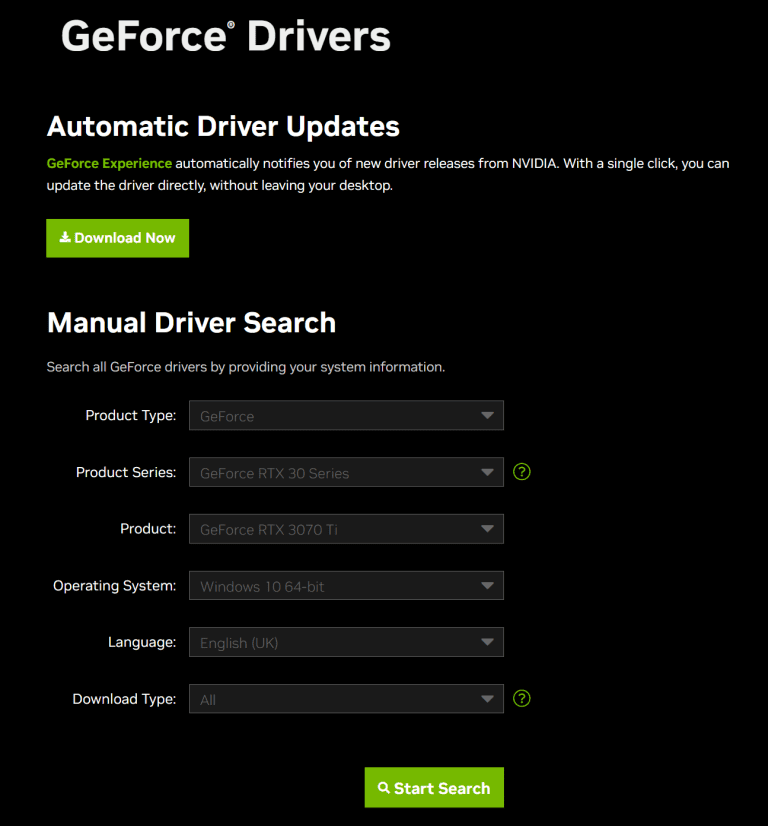 How to search for drivers manually on the NVIDIA website