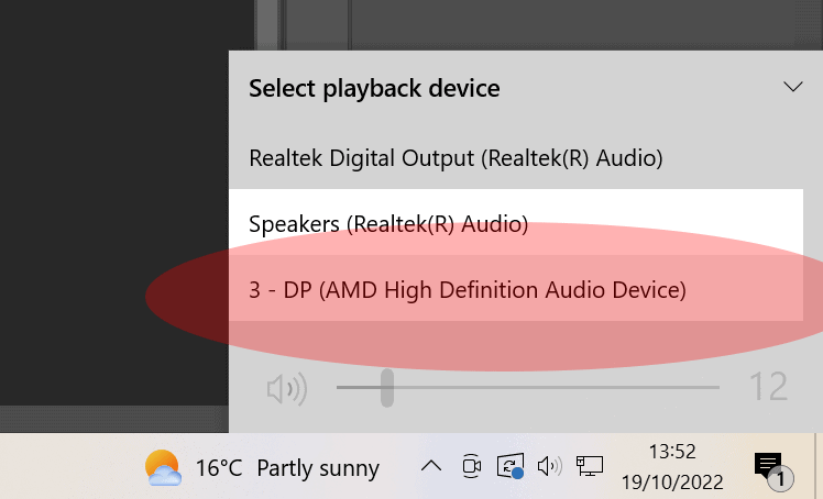 I have to select DP display port on my PC to get sound through the speakers