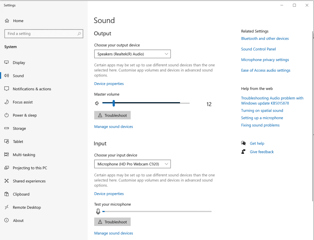 The Sound Settings section of the Windows Control Panel