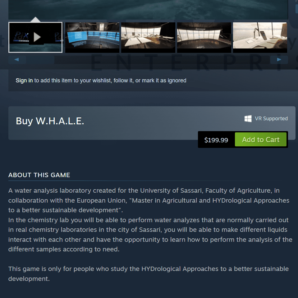 The Steam listing for W.H.A.L.E a VR game