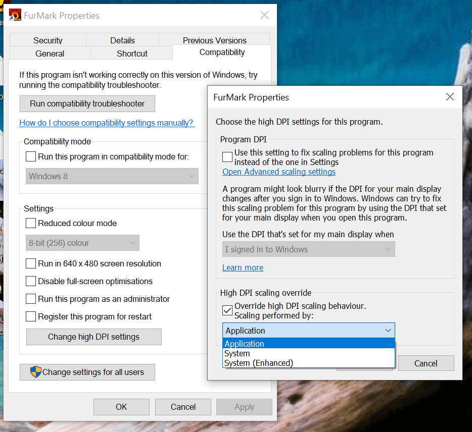 Various DPI scaling options under Change high DPI Settings menu