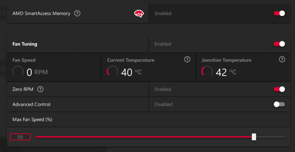 The fan tuning section of the AMD software suite