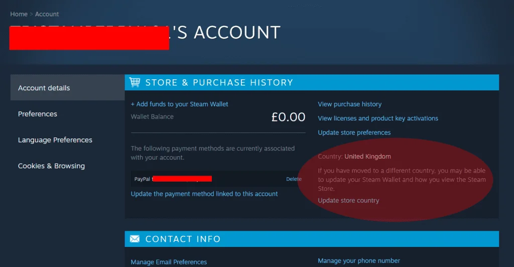 The option to change the Steam store country