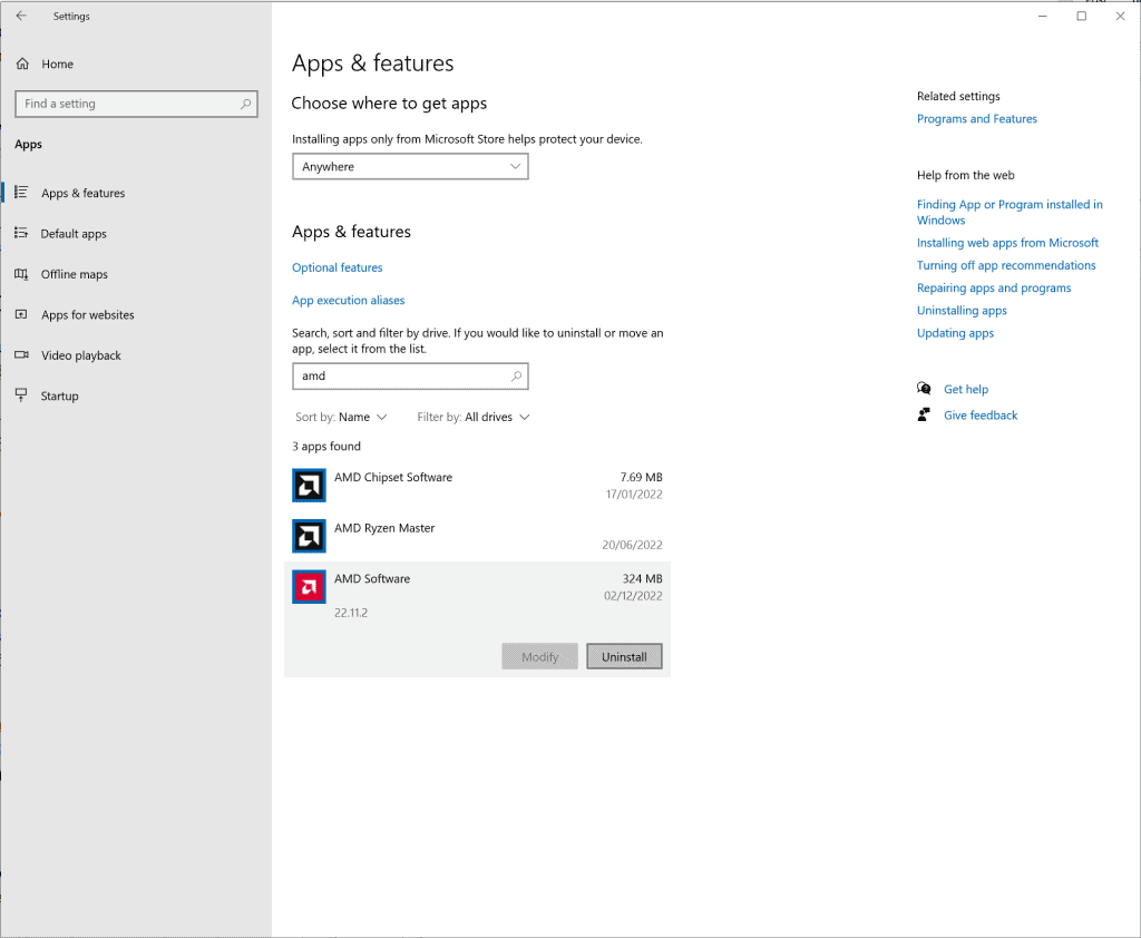The option to uninstall the AMD Software suite