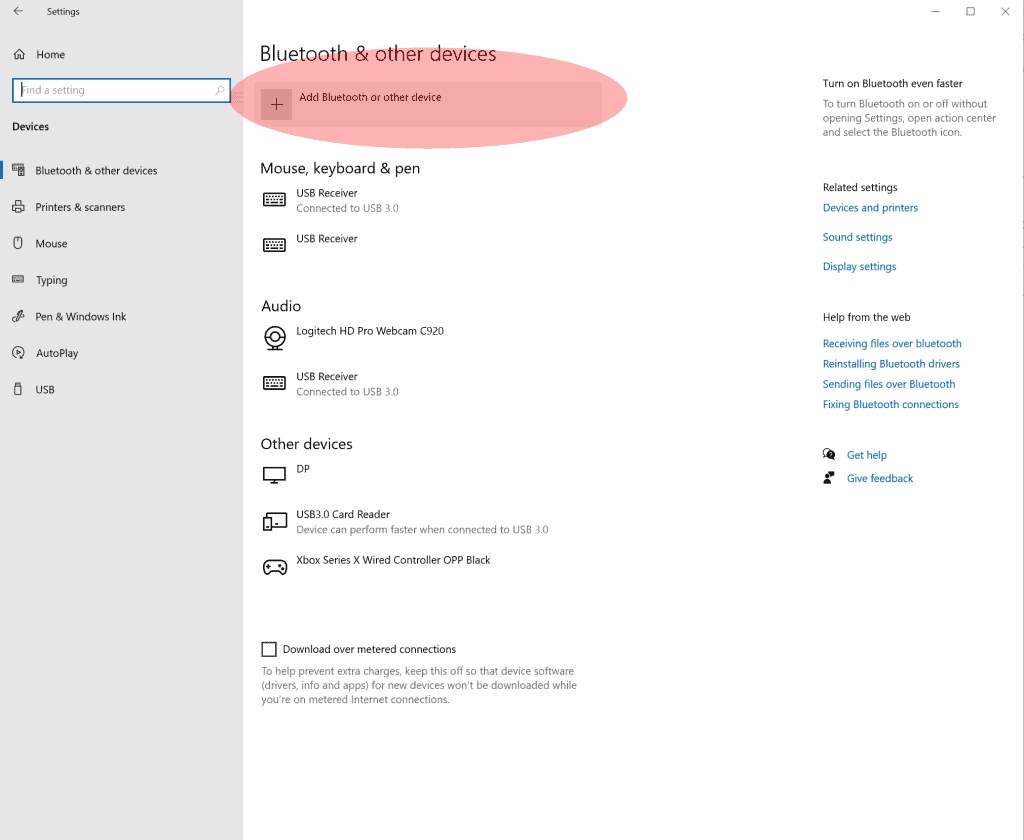 Windows Bluetooth and other devices settings