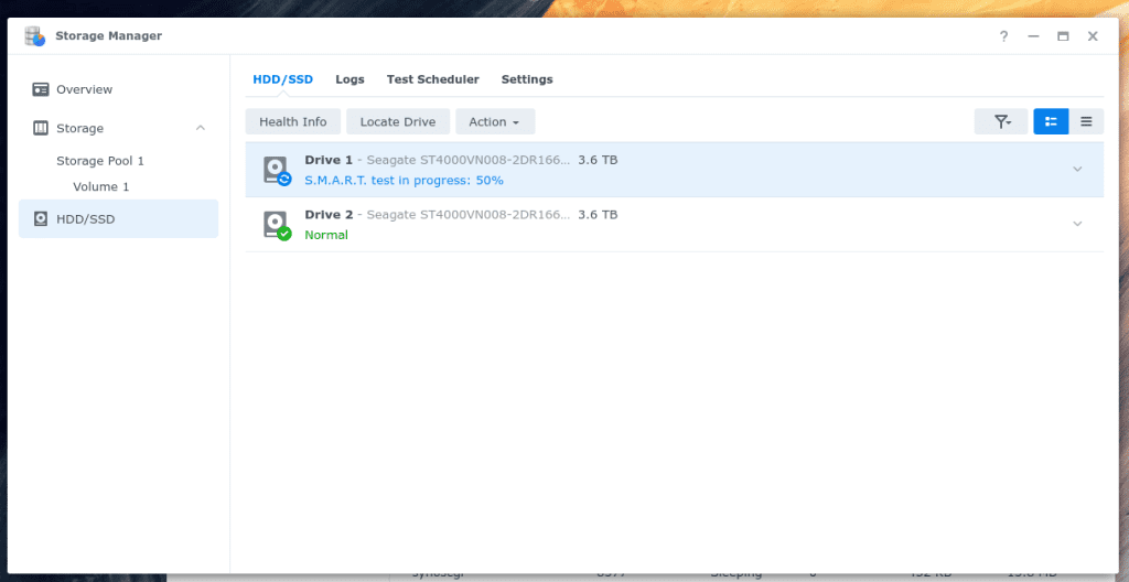 A SMART scan is actively running on one of my drives in my Synology admin panel