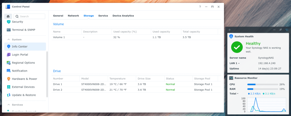 A look at my storage volume on my NAS and my general NAS device health