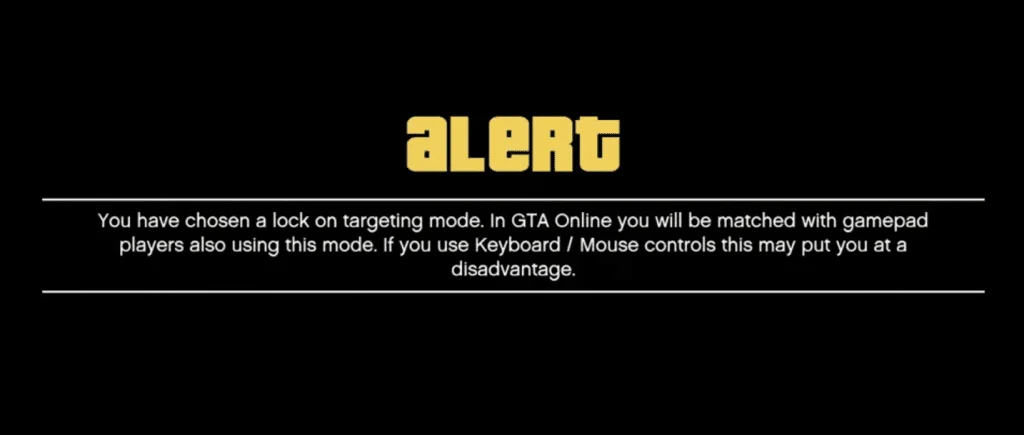 A warning in GTA V that you will only be matched to controller players when playing multiplayer