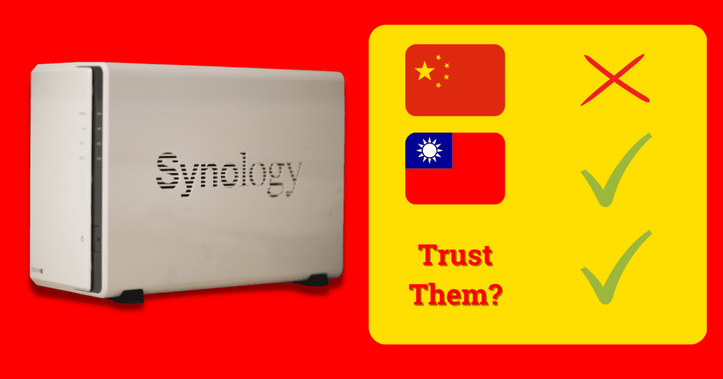 An infographic showing a Synology NAS and saying it is not Chinese and you can trust them