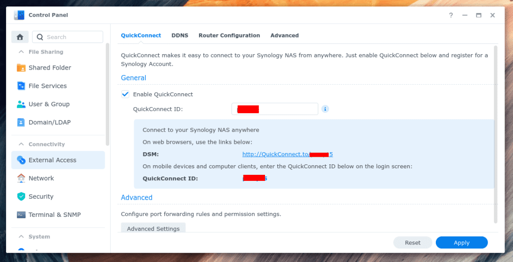 QuickConnect enabled in my Synology NAS