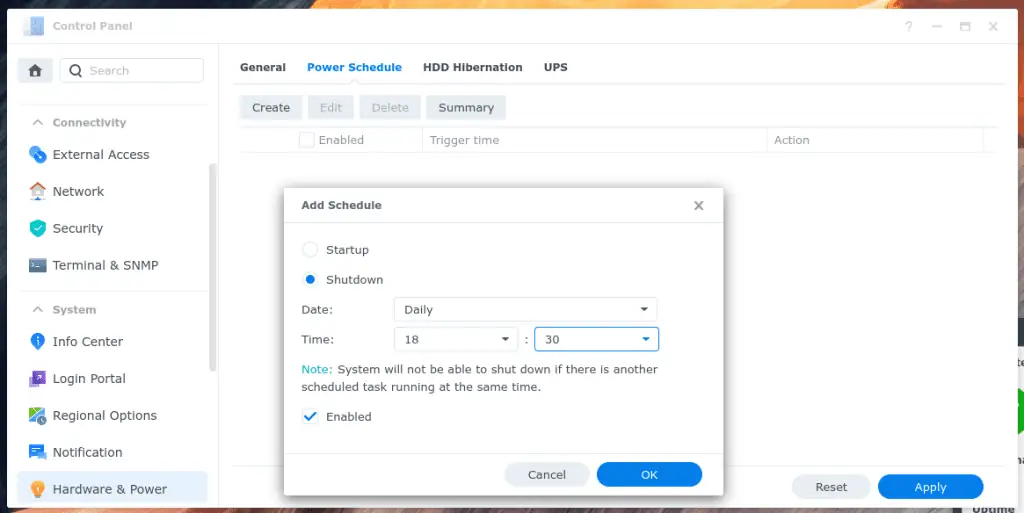 Setting up a shutdown schedule for my Synology NAS so it automatically turns off at 6.30pm every evening