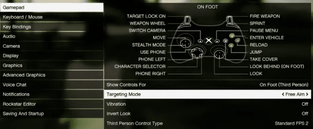 The GTA V settings that allows you to change the aim assist mode