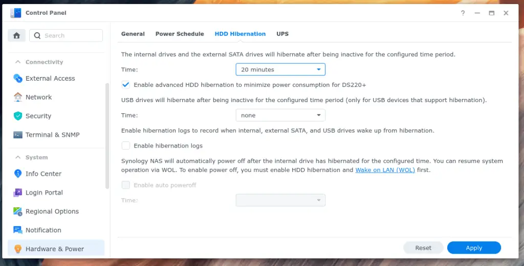 The HDD Hibernation features in the Synology NAS control panel