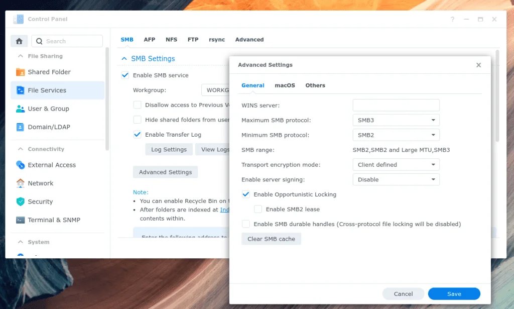 The SMB advanced settings on my Synology NAS admin panel