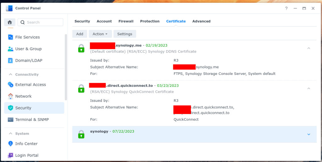 The Synology admin UI offers various security features including full SSL encryption certificates